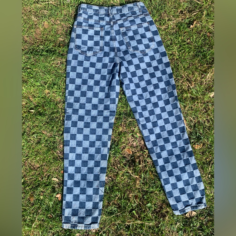 checked jeans